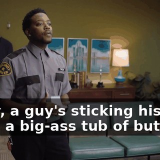 Okay, a guy's sticking his dick all in a big-ass tub of butter.