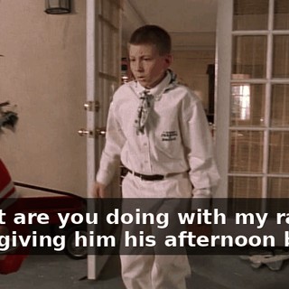 - What are you doing with my rabbit? - Just giving him his afternoon bacon.