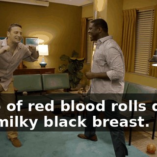 Drop of red blood rolls down her milky black breast.