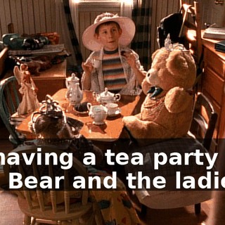 I'm having a tea party with Mrs. Bear and the ladies.