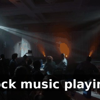 [rock music playing]