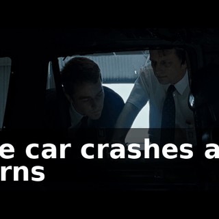 The car crashes and burns
