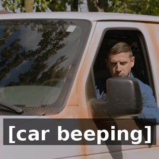 [car beeping]