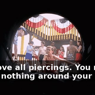 Remove all piercings. You may have nothing around your neck.