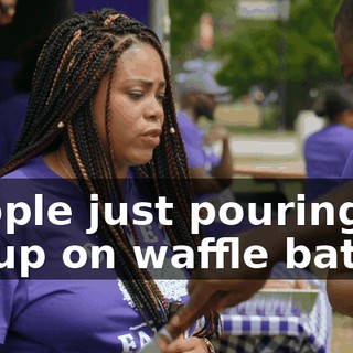 People just pouring syrup on waffle batter.