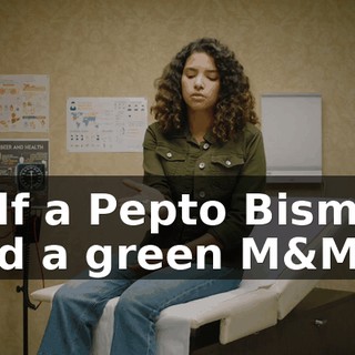 half a Pepto Bismol, and a green M&M.