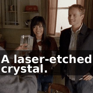 A laser-etched crystal.