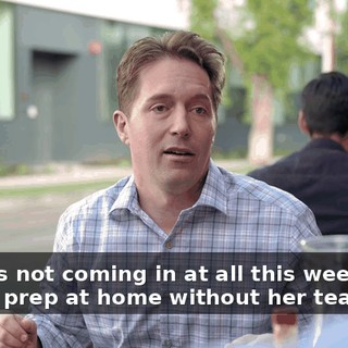 Jenna's not coming in at all this week. She has to prep at home without her team.