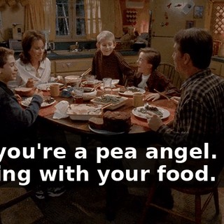 Oh, you're a pea angel. Stop playing with your food.