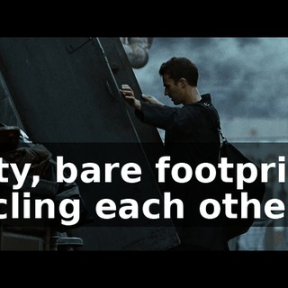 dirty, bare footprints circling each other,