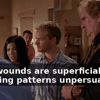 The wounds are superficial, the bruising patterns unpersuasive.