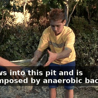 It flows into this pit and is decomposed by anaerobic bacteria.