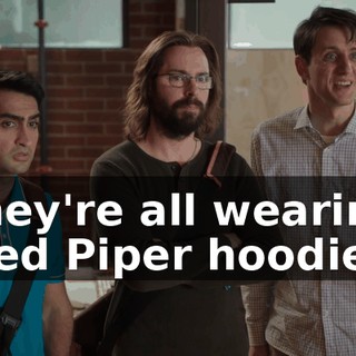 They're all wearing Pied Piper hoodies.