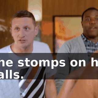 She stomps on his balls.
