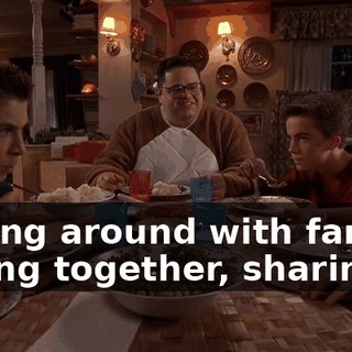 Sitting around with family, eating together, sharing.