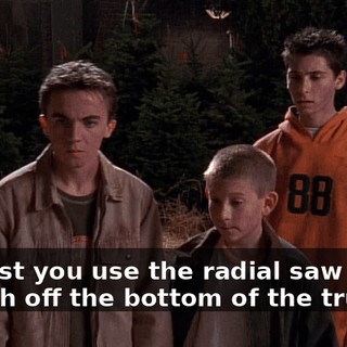 So, first you use the radial saw to cut an inch off the bottom of the trunk.